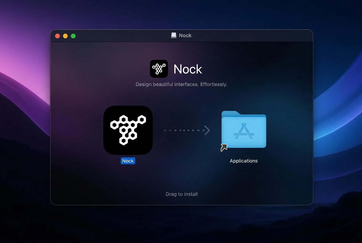 Nock DMG installer showing the app icon dragged into the Applications folder
