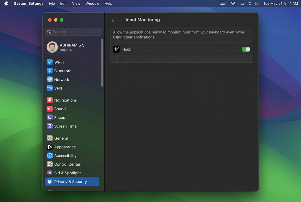 macOS System Settings — Privacy & Security showing Nock enabled under Input Monitoring